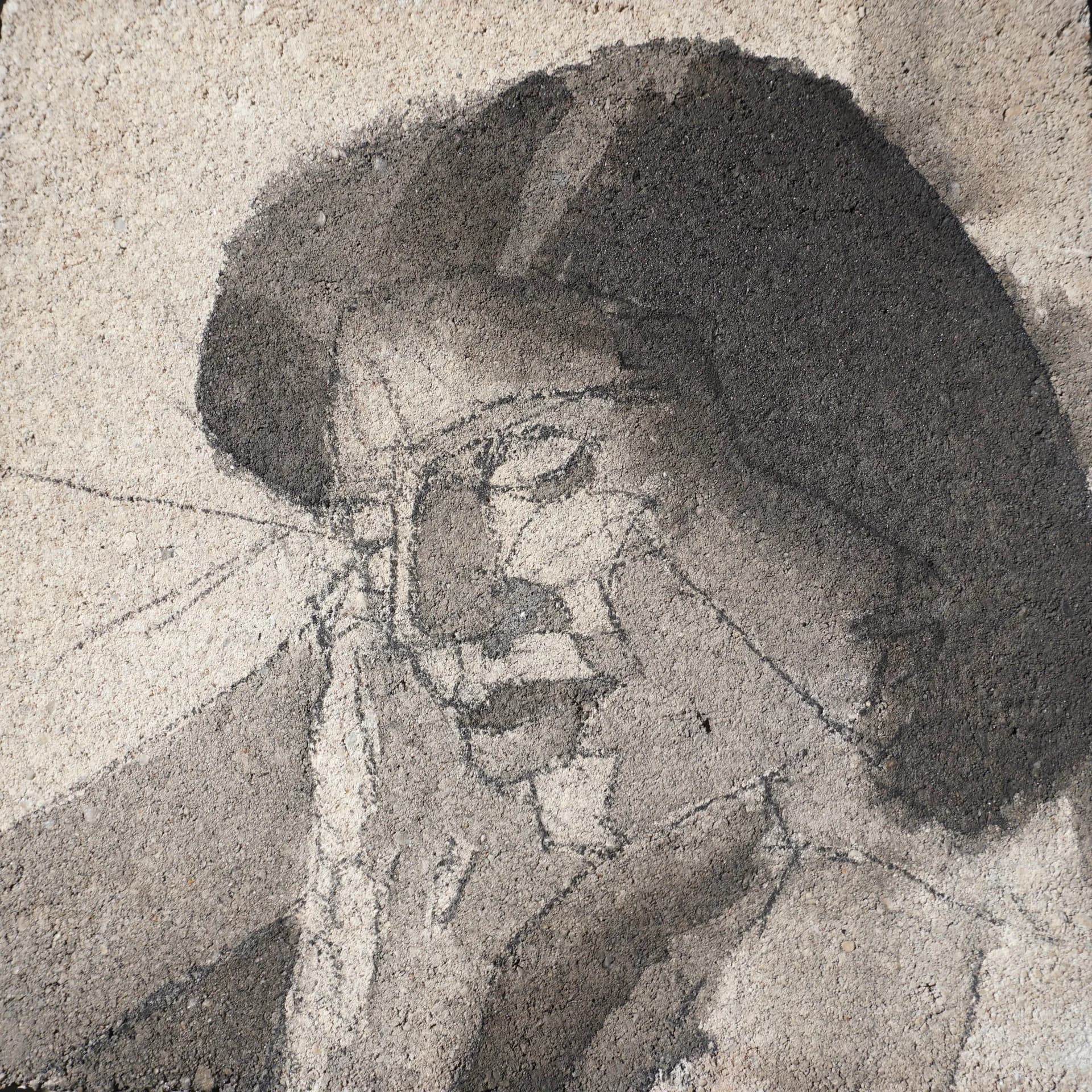 Portrait rendered in sand or earth material on a textured surface, face with afro hairstyle built from granular material