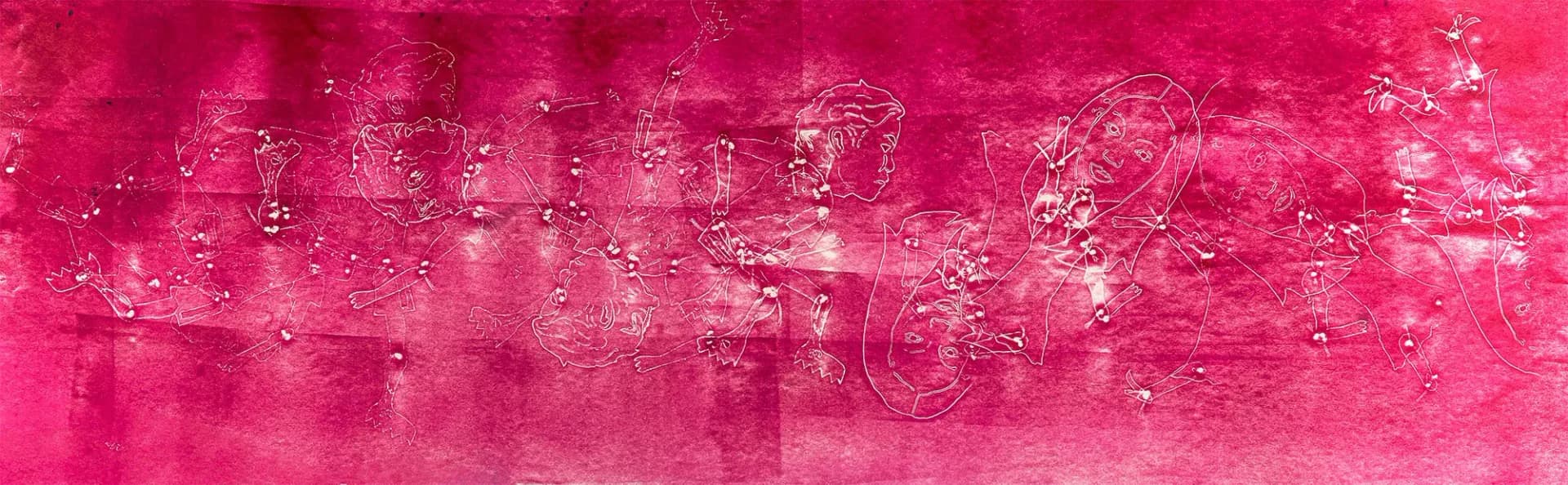 Pink monoprint with white line figures and constellation-like dots across a panoramic format