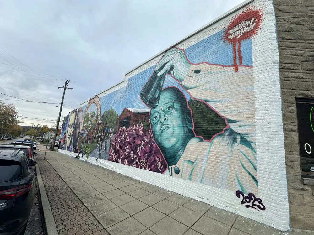 Mural with green-tinted portrait of a person, purple floral elements, and vintage signage, painted across white brick wall with Damien Mitchell's signature.