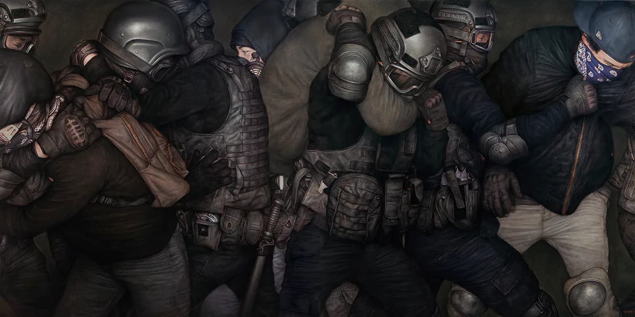 Large-scale figurative painting of riot police and protesters in close physical confrontation