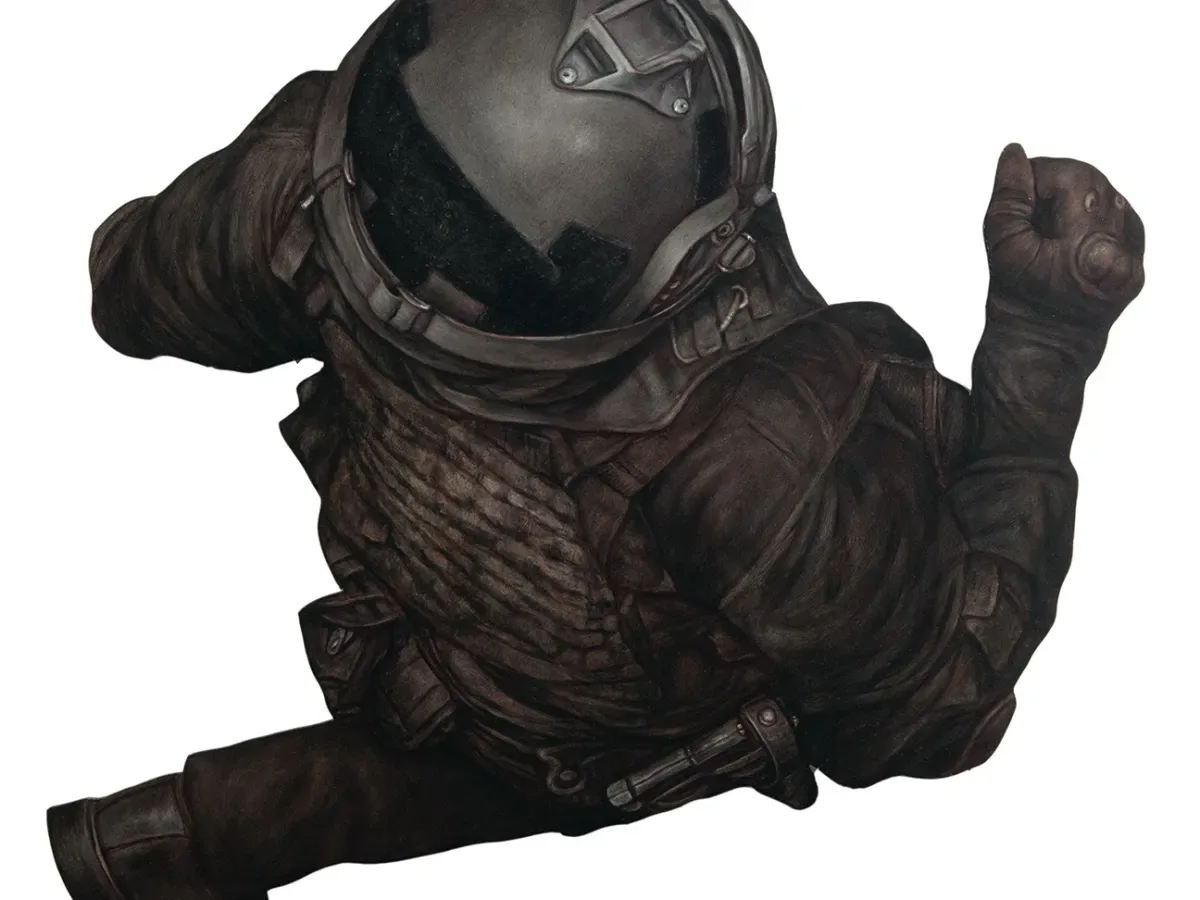 3D rendered figure in dark tactical gear and helmet captured mid-action against white background, appearing to fall or jump.