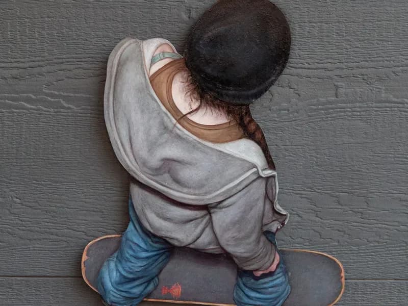Overhead view of a skateboarder in light hoodie and black cap, viewed from above on dark pavement, street art style composition.
