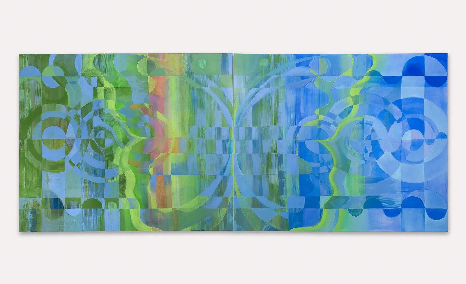 Large-scale green and blue diptych painting with overlapping geometric circles and checkerboard patterns