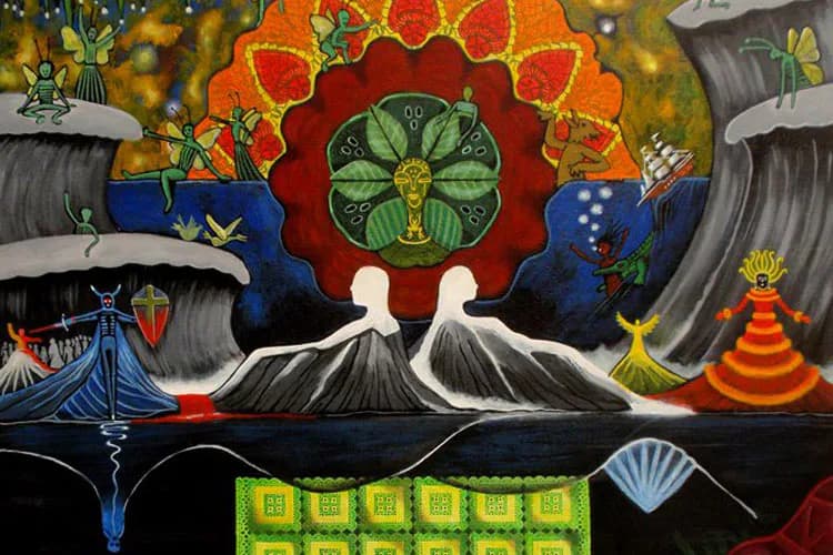 Colorful drawing featuring a symmetrical volcano with snow-capped peaks, red and orange flower-like forms, green cross, and surreal landscape with butterflies, buildings, and geometric patterns in mixed media.