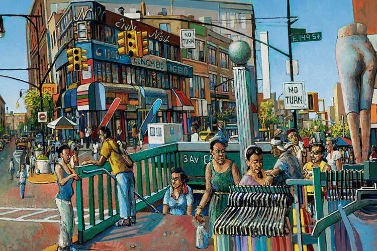 Colorful mural depicting a lively urban street scene with diverse figures, vibrant buildings, and playful geometric shapes in greens, yellows, and blues.