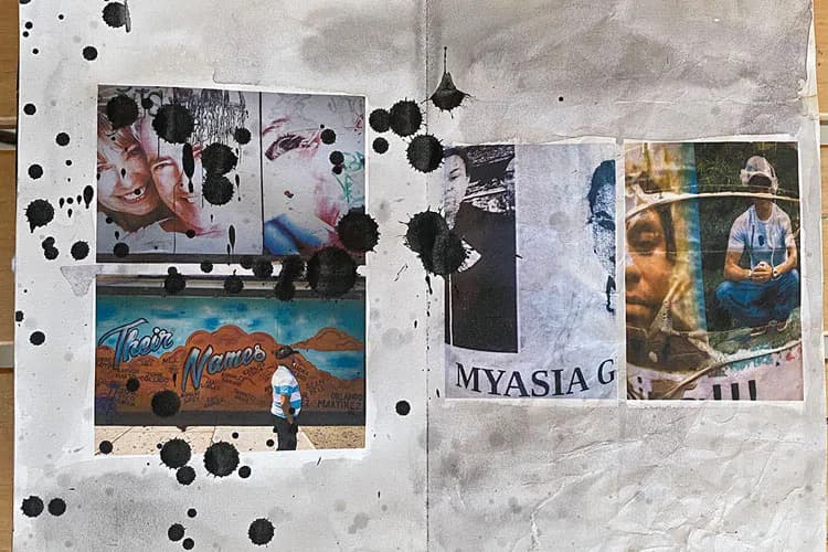 Mixed-media collage on white paper with photographs, text reading 'MYASIA G', black paint splatters, and handwritten elements arranged across two facing pages.