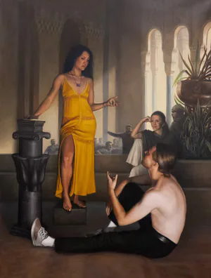 Figurative oil painting of woman in yellow dress in an interior setting with two figures