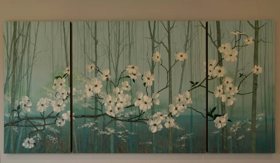 Realistic oil painting of suburban landscape with dramatic sunset sky and mountains