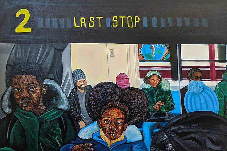 Mural painting titled 'Last Stop' depicting diverse passengers on public transit, rendered in acrylic with expressive faces and winter clothing in earthy and blue tones.