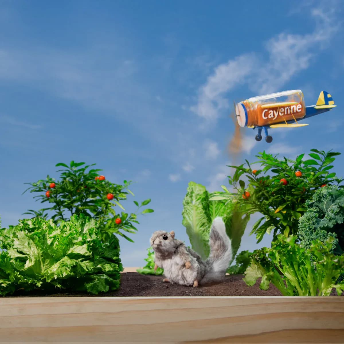 Squirrel in a miniature vegetable garden with a cayenne pepper crop-duster plane overhead