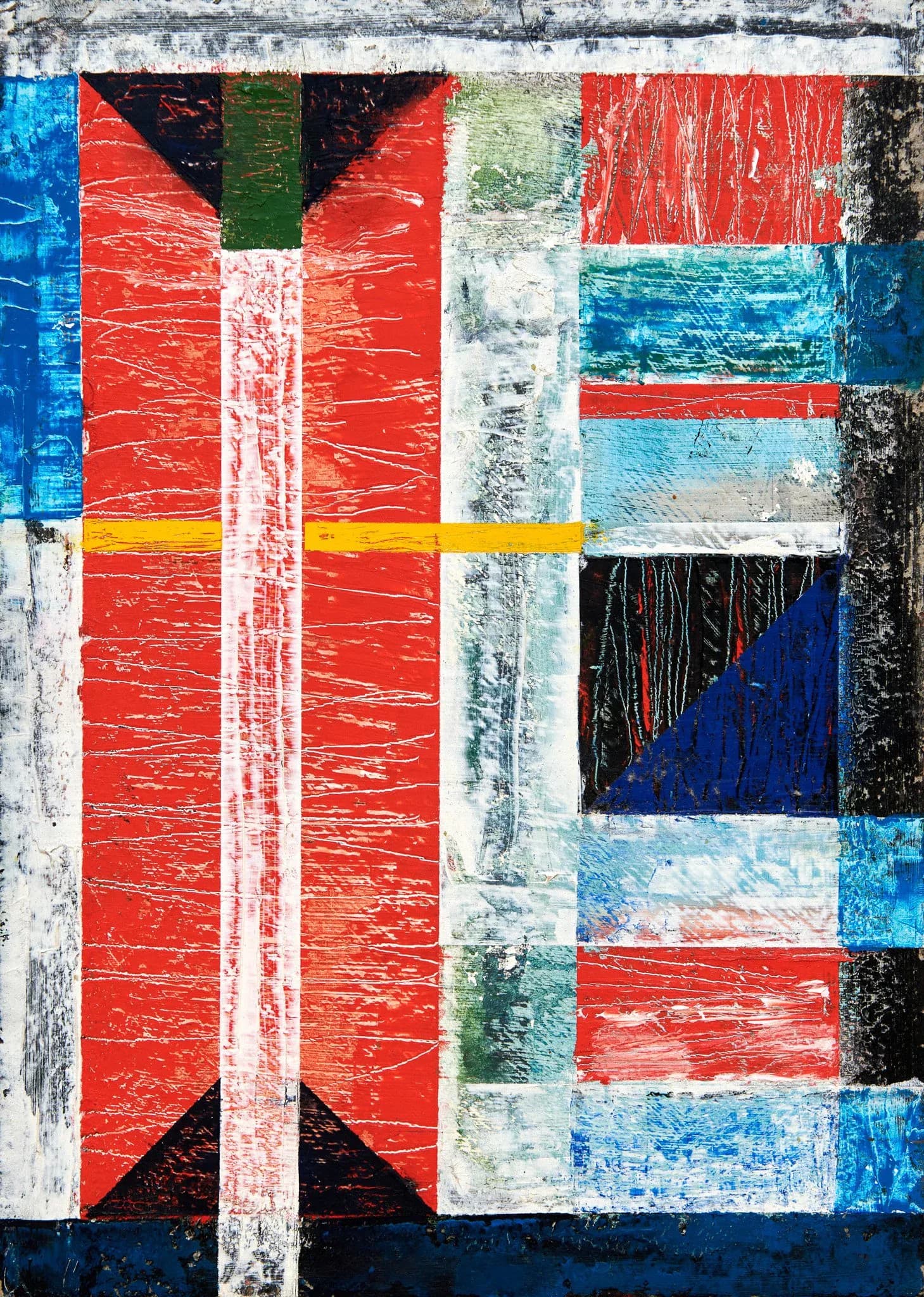 Large horizontal geometric abstract painting with angular forms reflected across a horizon line in greens, reds and blues