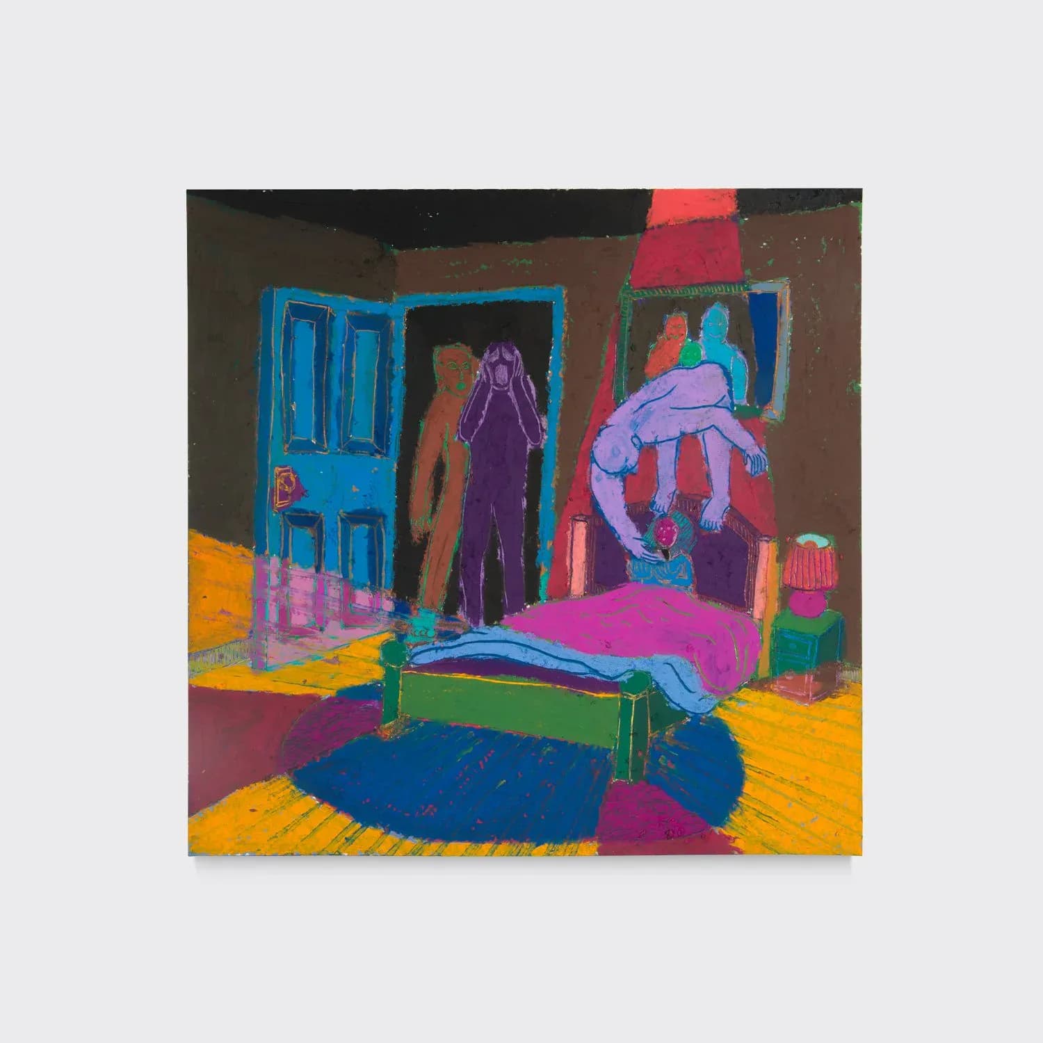 Colorful oil pastel painting of a bedroom interior with ghostly figures in doorways and over a bed, vivid yellows, blues, and purples
