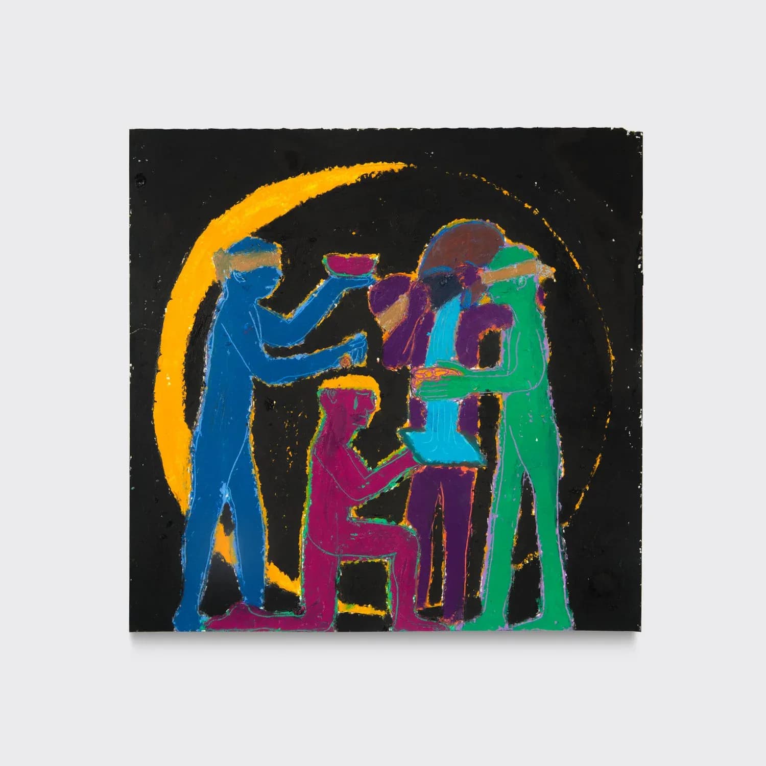 Oil pastel painting of colorful silhouetted figures gathered in ceremony against a black background with a yellow crescent arc