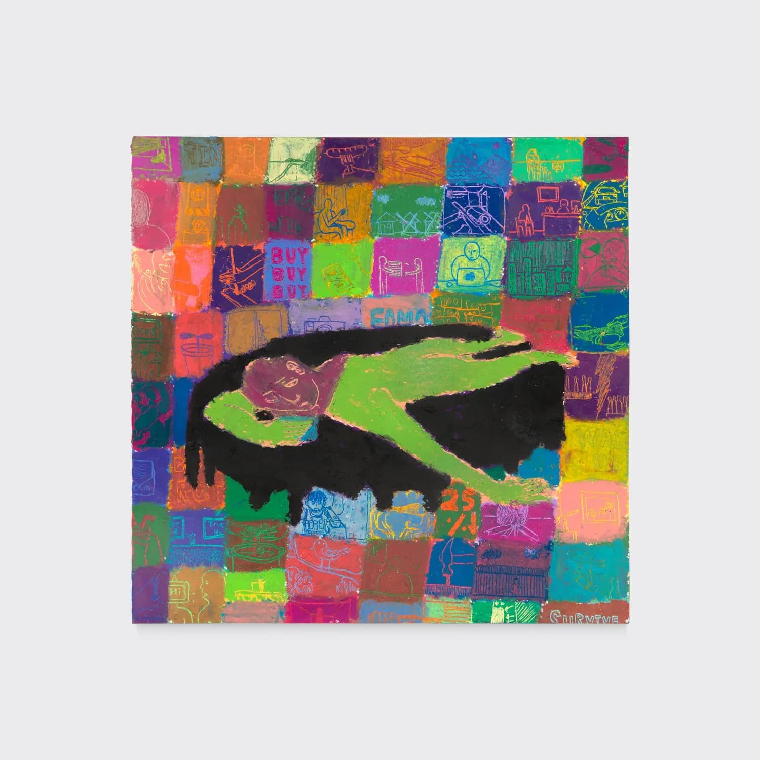 Oil pastel painting of a reclining green figure against a vibrant multicolored grid of illustrated squares with text fragments