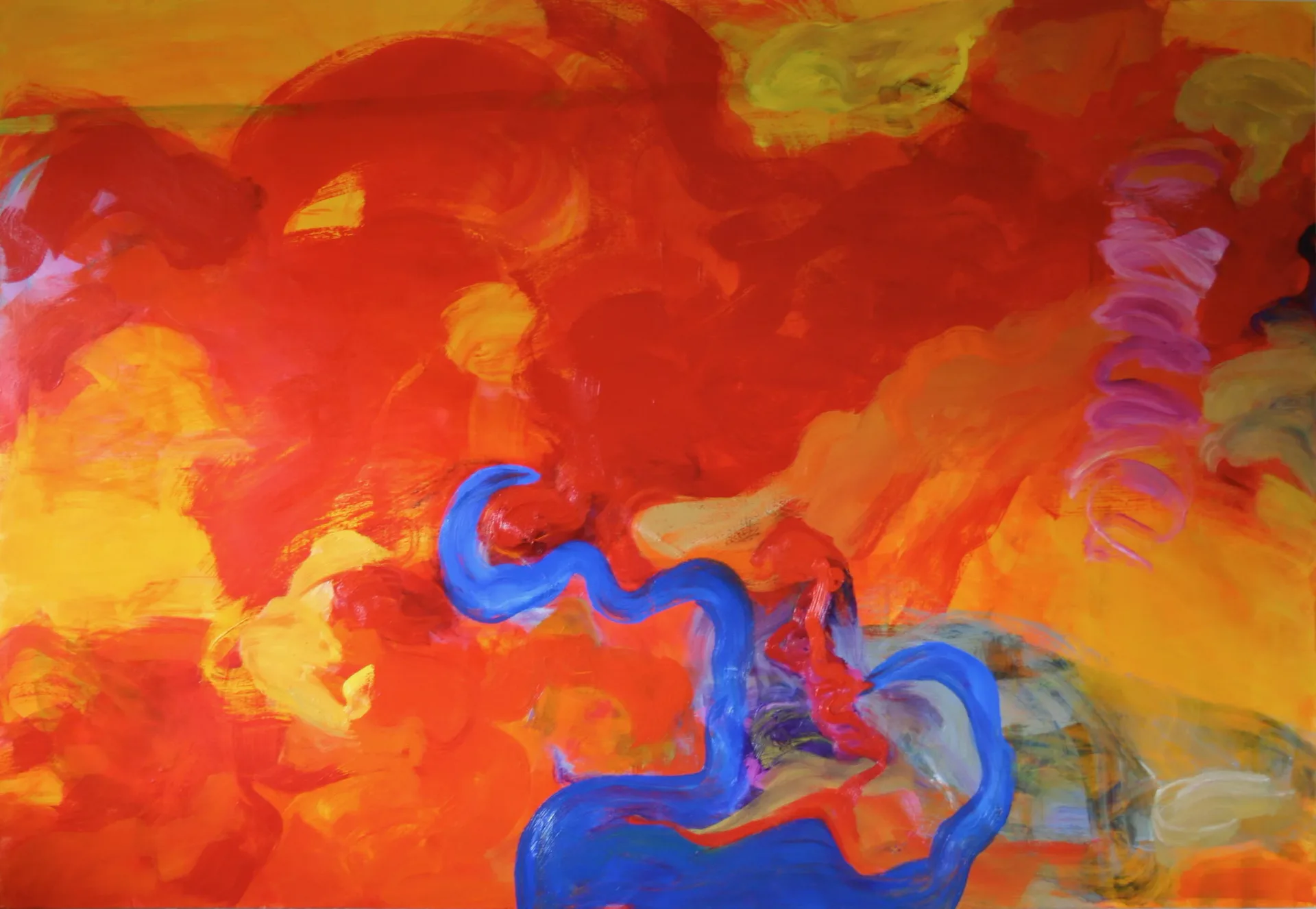 Abstract painting dominated by deep red masses with a bold blue wavy line and pink spiral accents