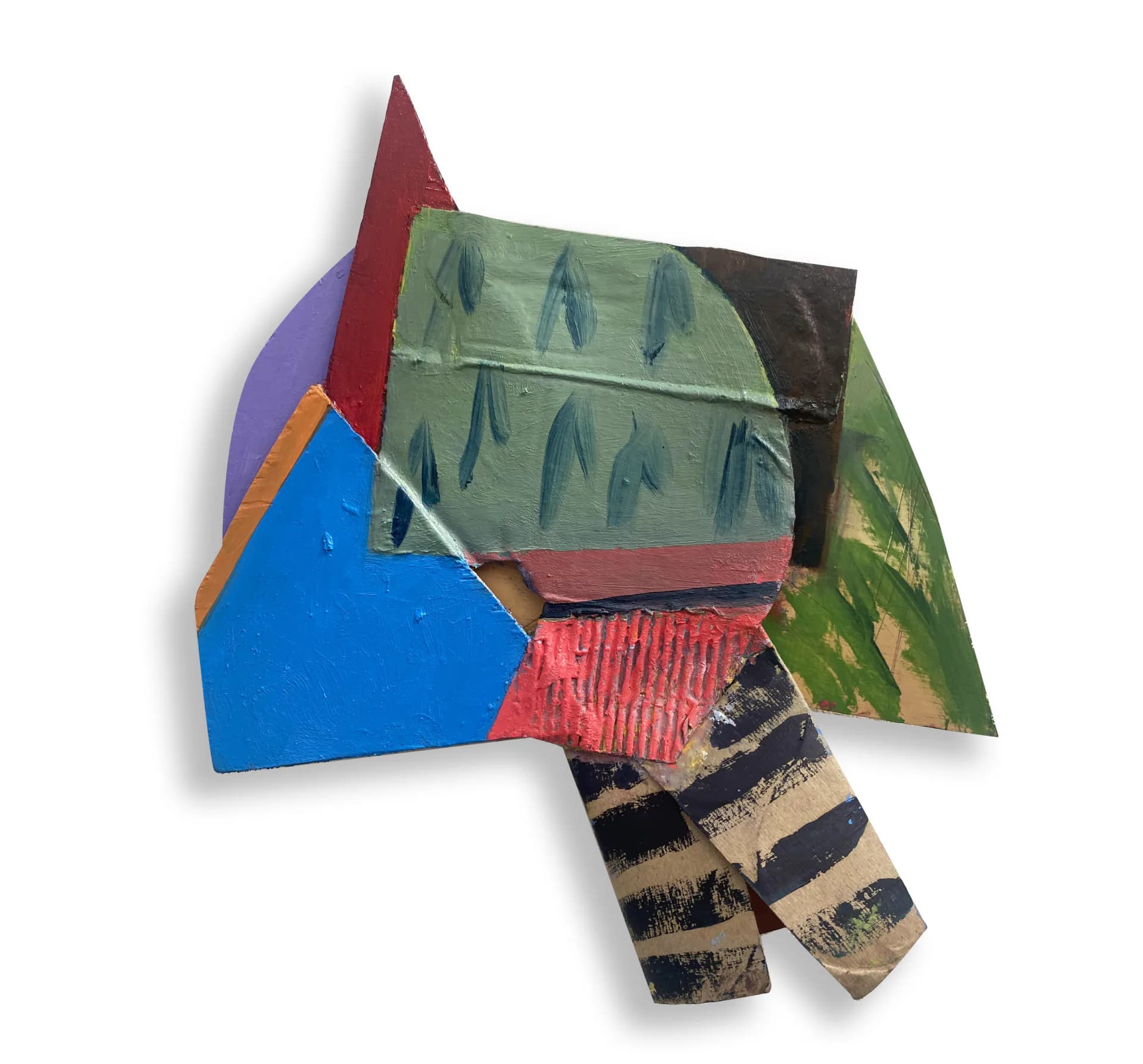 Debra Salomon mixed-media construction: painted wood polygons in burgundy, blue, and green with collaged patterned papers and fabrics creating dynamic three-dimensional composition.