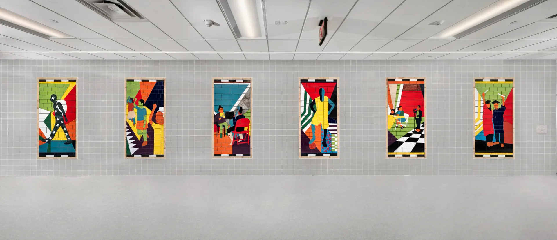 Six vibrant mixed-media art panels hung in gallery space, each with bold colors and dynamic abstract compositions.