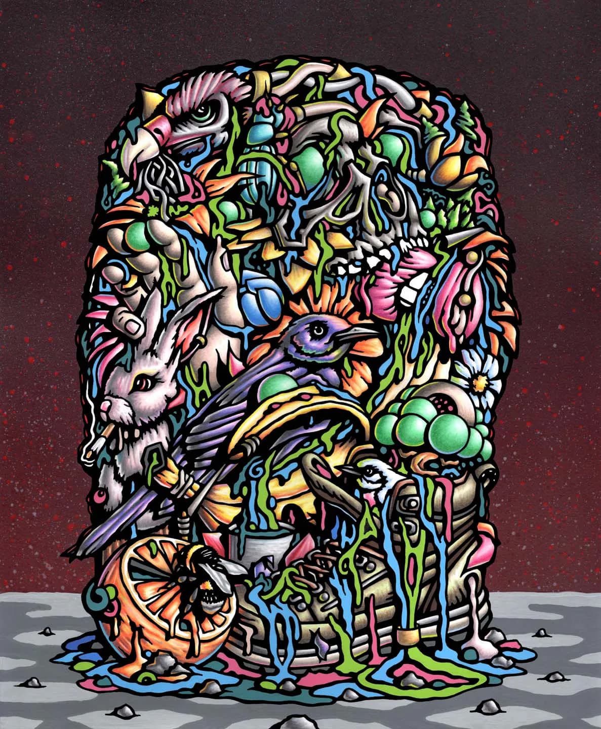 Densely layered digital or painted illustration of an abstract head filled with surreal creatures, organs, and colorful organic forms melting downward.