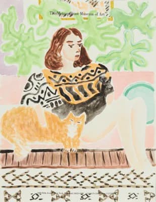 Watercolor of a woman in a patterned sweater with an orange cat