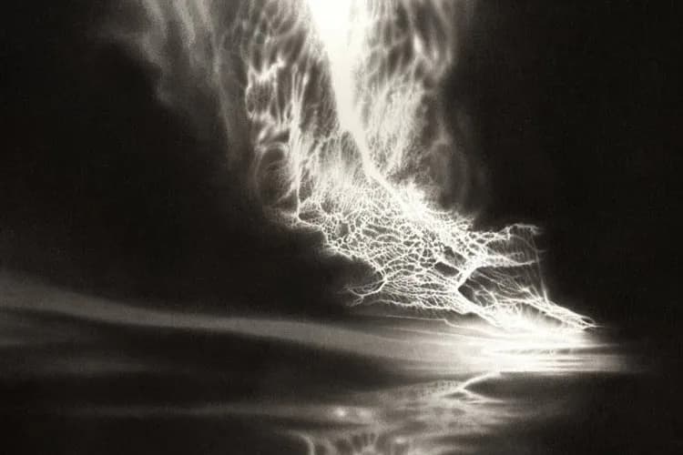 Black and white drawing or print with dynamic, explosive gestural marks suggesting movement and energy, possibly depicting a figure or abstract form emerging from darkness.