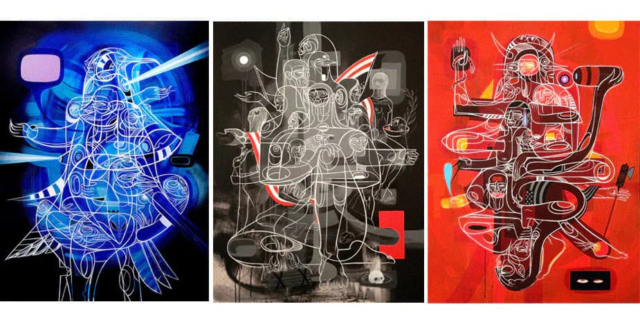 Three abstract mechanical/organic compositions in contrasting color schemes: neon blue, grayscale with red accents, and vibrant red backgrounds.