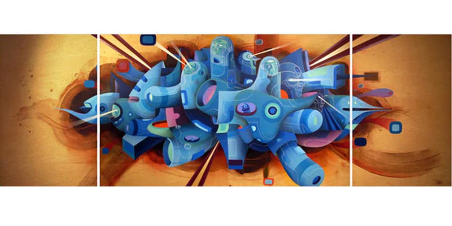 Three-panel abstract 3D composition in blue and orange with geometric shapes and flowing forms against warm-toned background.