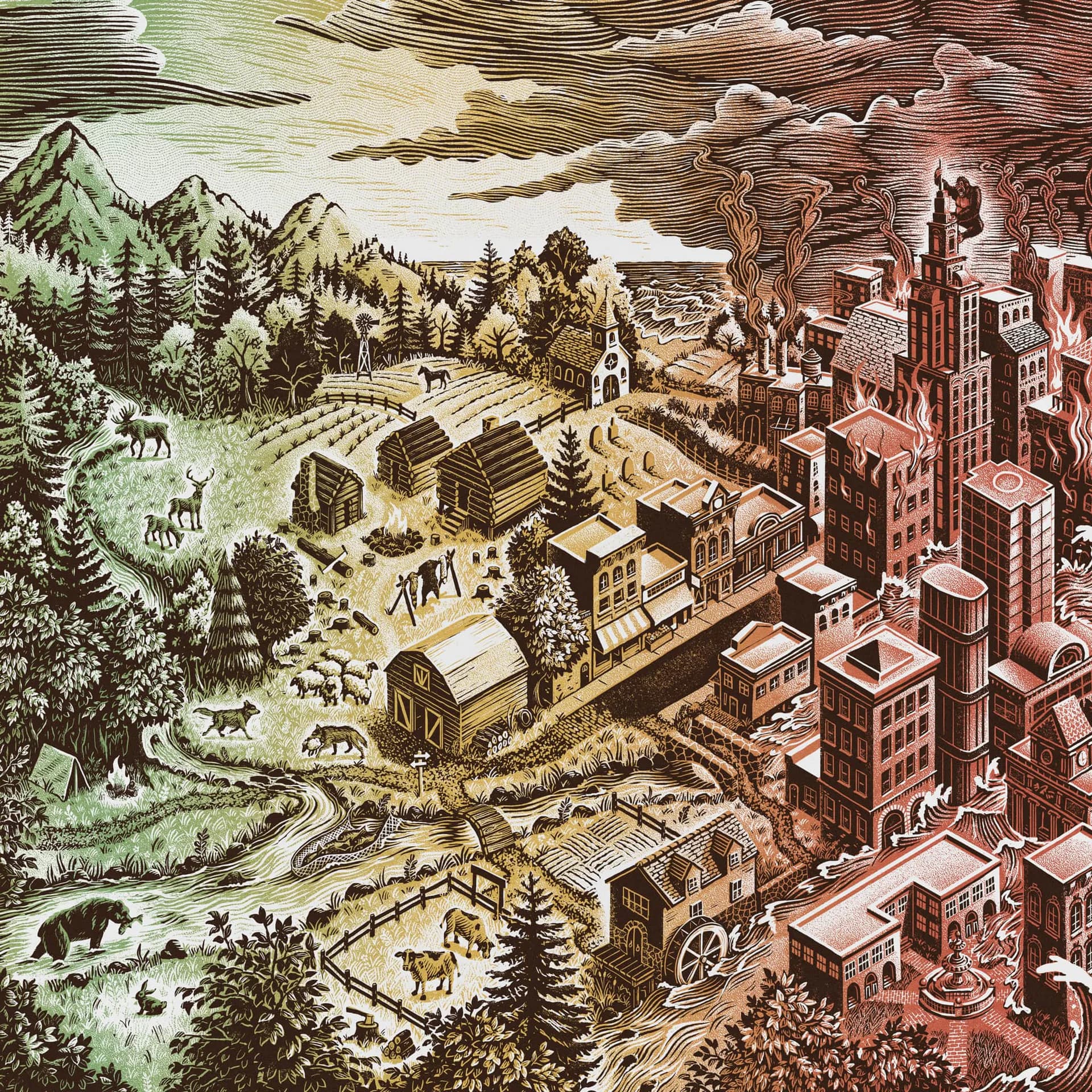 Woodcut or linocut print in greens and reds showing a divided landscape with wilderness and animals on the left transitioning to an urban cityscape on the right.
