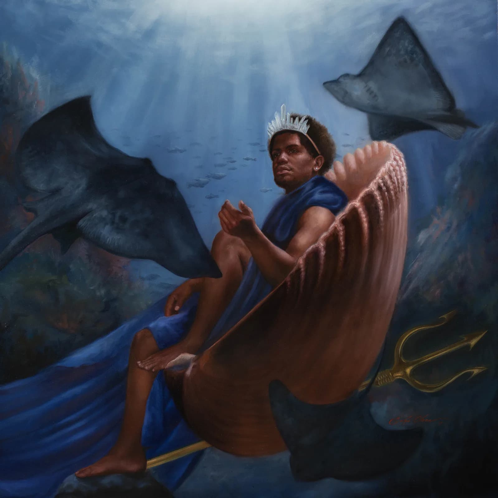 Oil painting of a crowned Black male figure seated on a giant shell in an underwater mythological scene with manta rays and a trident
