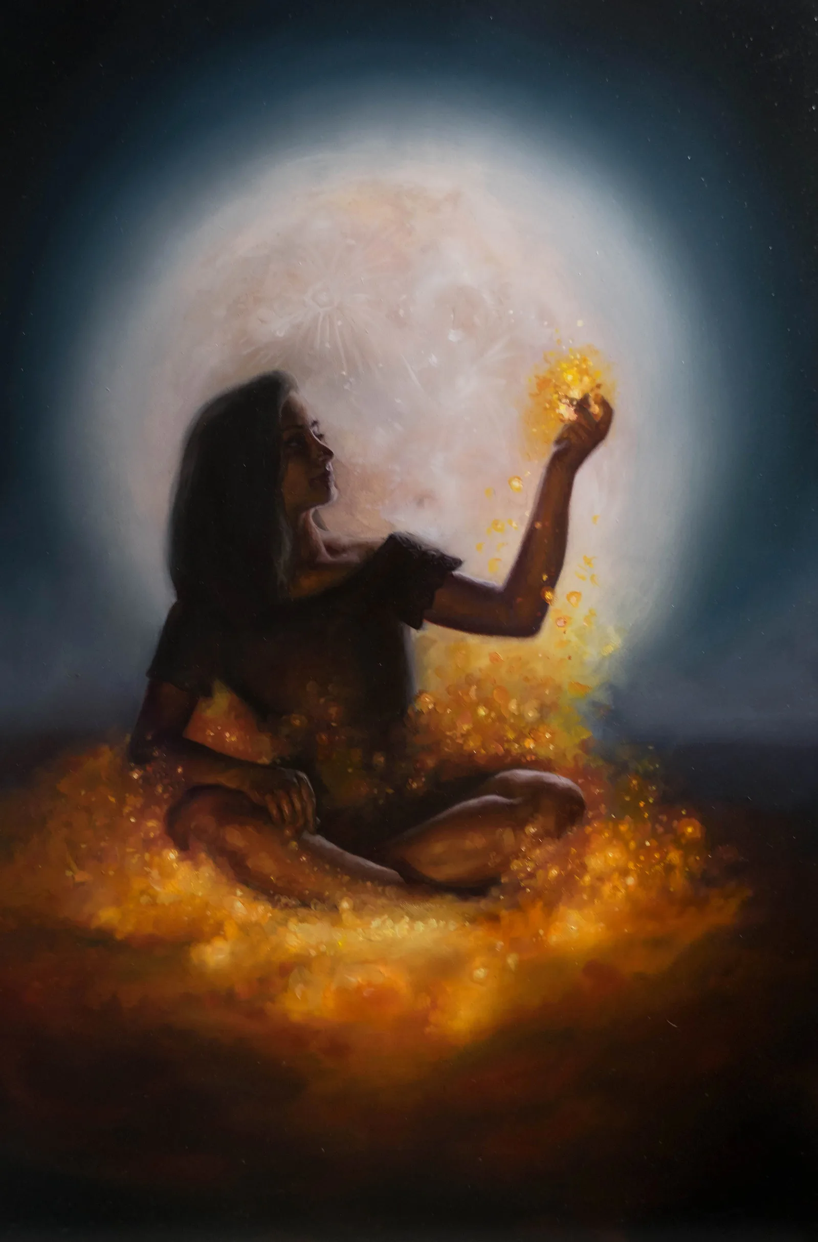 Oil painting of a figure seated on a crescent moon over dark reflective water