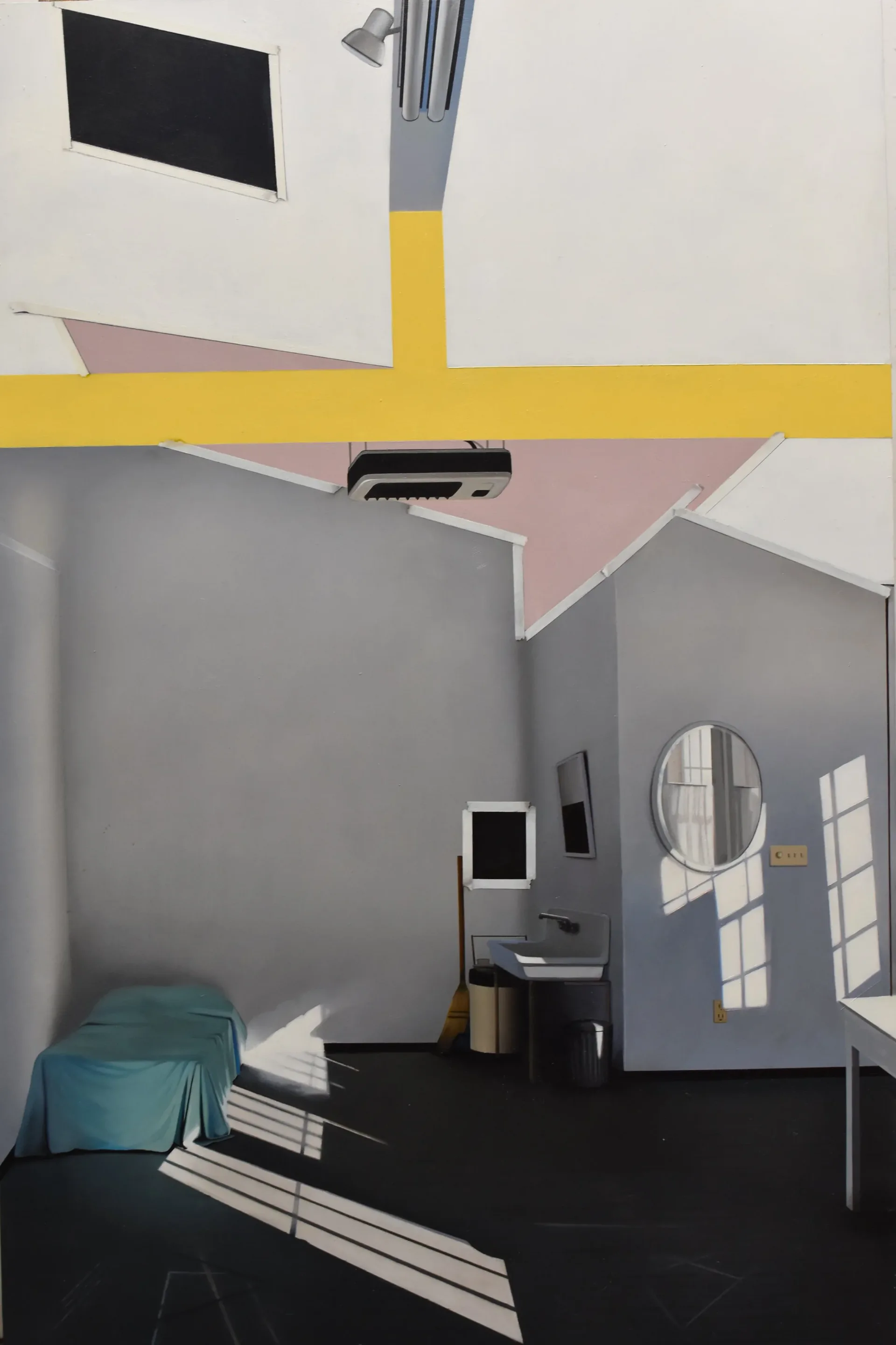 Realist painting of a hotel room interior with yellow and pink geometric ceiling elements and teal bed