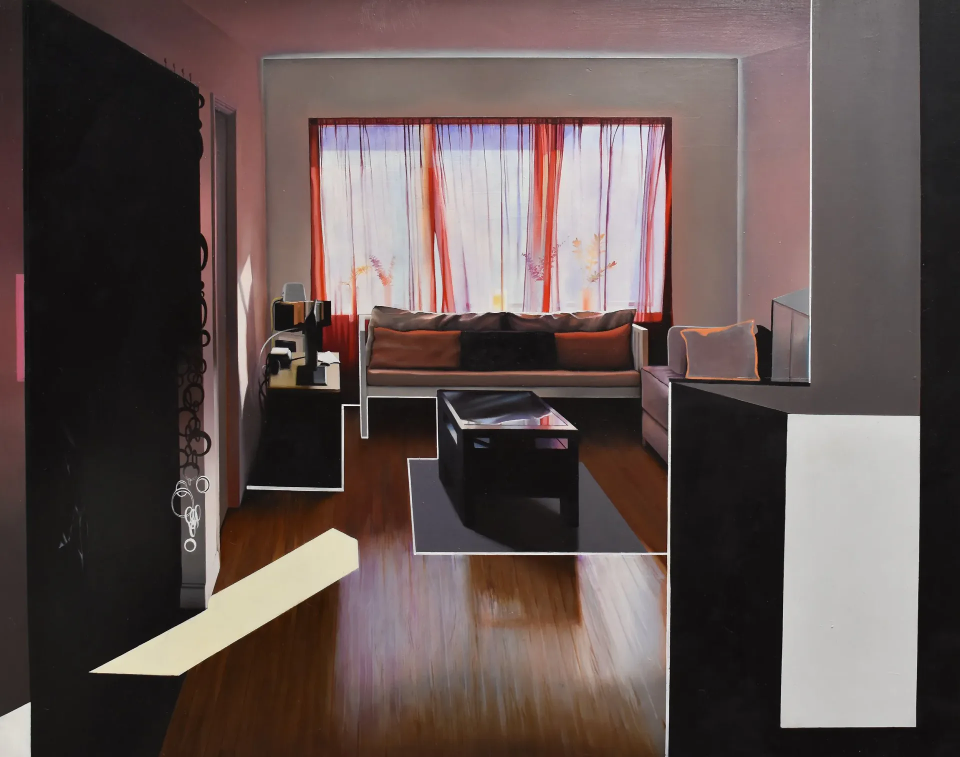 Realist painting of a living room interior with red curtains and abstract black geometric overlays