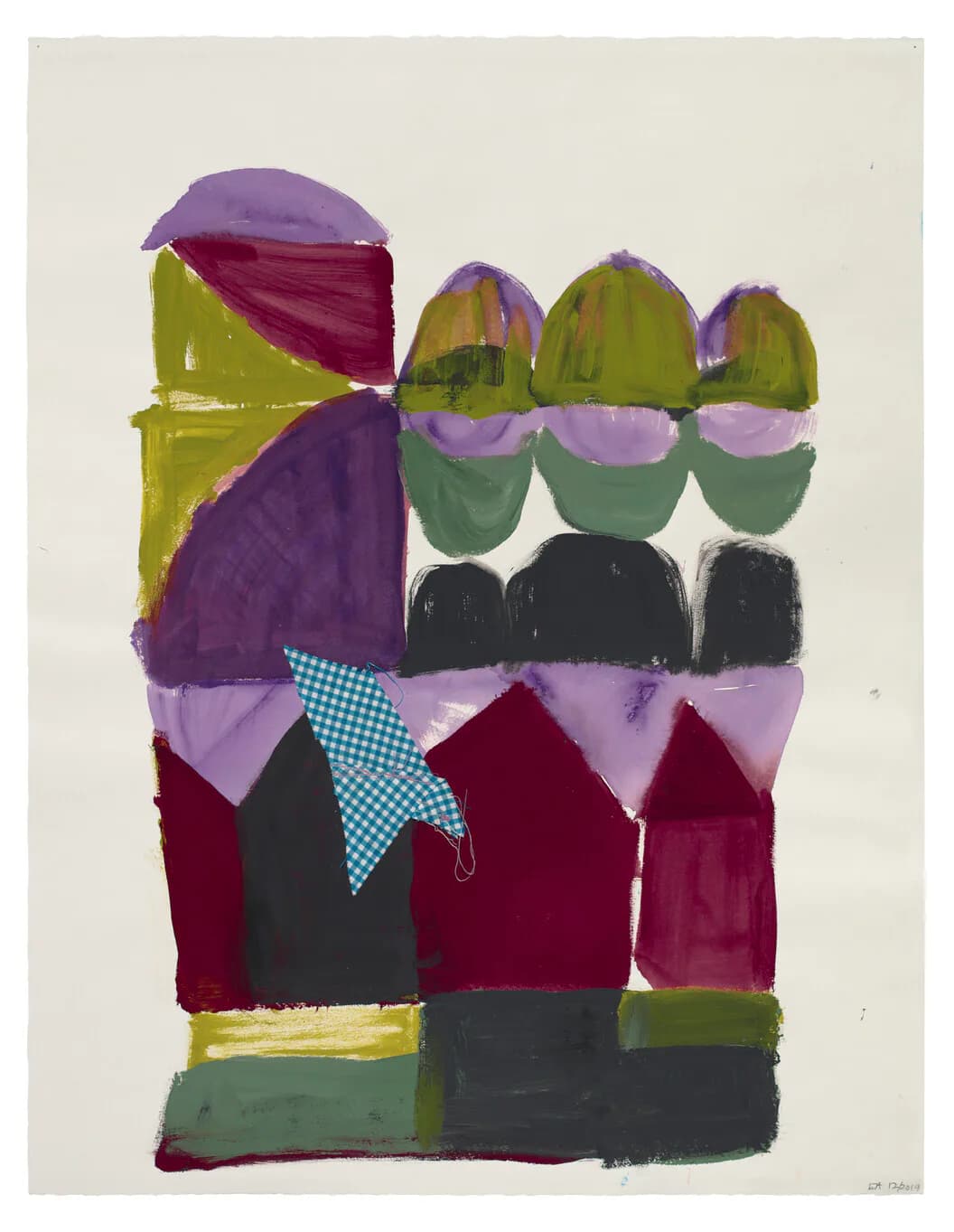 Abstract figurative painting with stacked architectural forms in purple, green, and burgundy with collaged fabric element