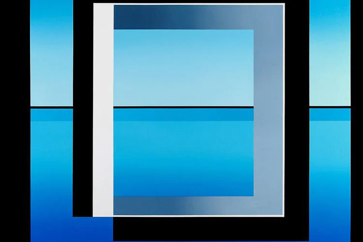 Abstract painting with nested rectangles in shades of blue, light blue, and dark blue, creating a minimalist geometric composition.