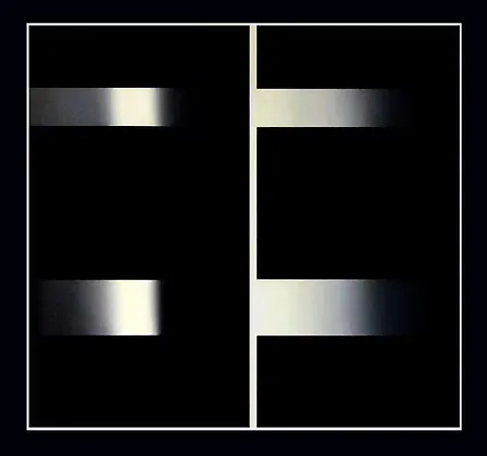 Abstract painting divided into two vertical panels, each containing horizontal gradient bars that transition from dark to light, creating a symmetrical light-study composition.