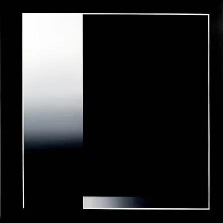 Minimalist abstract composition featuring a vertical gradient bar on the left transitioning from white to dark blue-black, and a horizontal gradient element in the lower right.