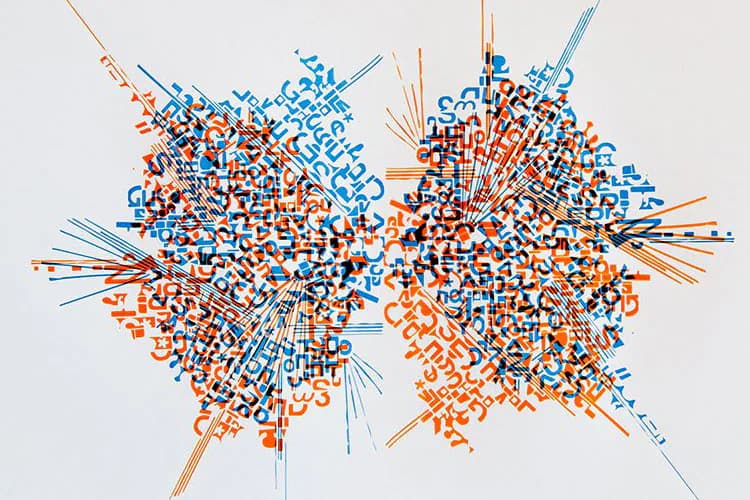 Abstract digital or printed composition with interlocking blue and orange geometric shapes and lines radiating outward against a light background.