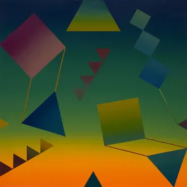 Abstract composition with colorful geometric shapes—trapezoids, triangles, and squares in teal, yellow, orange, and maroon—on a gradient background.