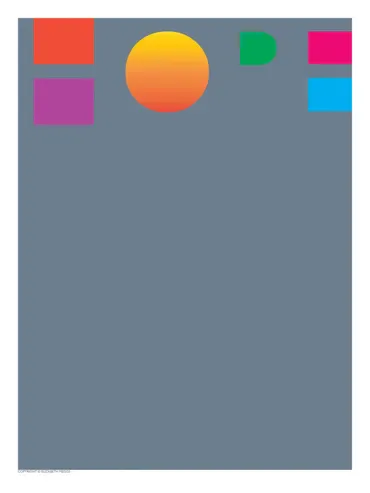 Minimalist painting with a slate-gray background, central yellow-orange gradient circle, and small colored squares in the upper corners.