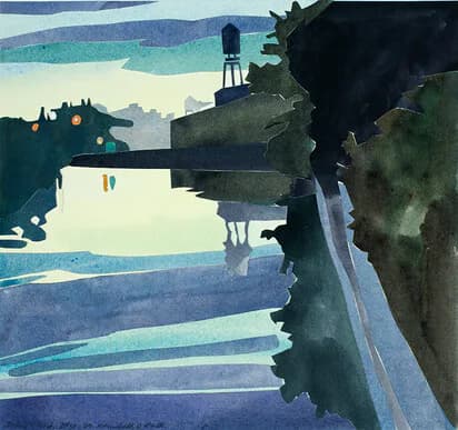 Night scene watercolor of figures reflected in a dark canal with glowing lights