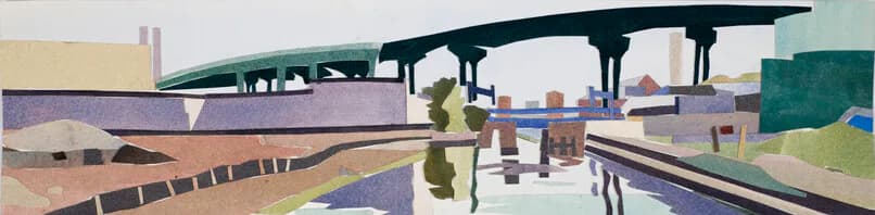 Wide panoramic watercolor of an industrial canal with highway overpass