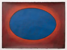 Large blue oval on warm orange background, abstract painting