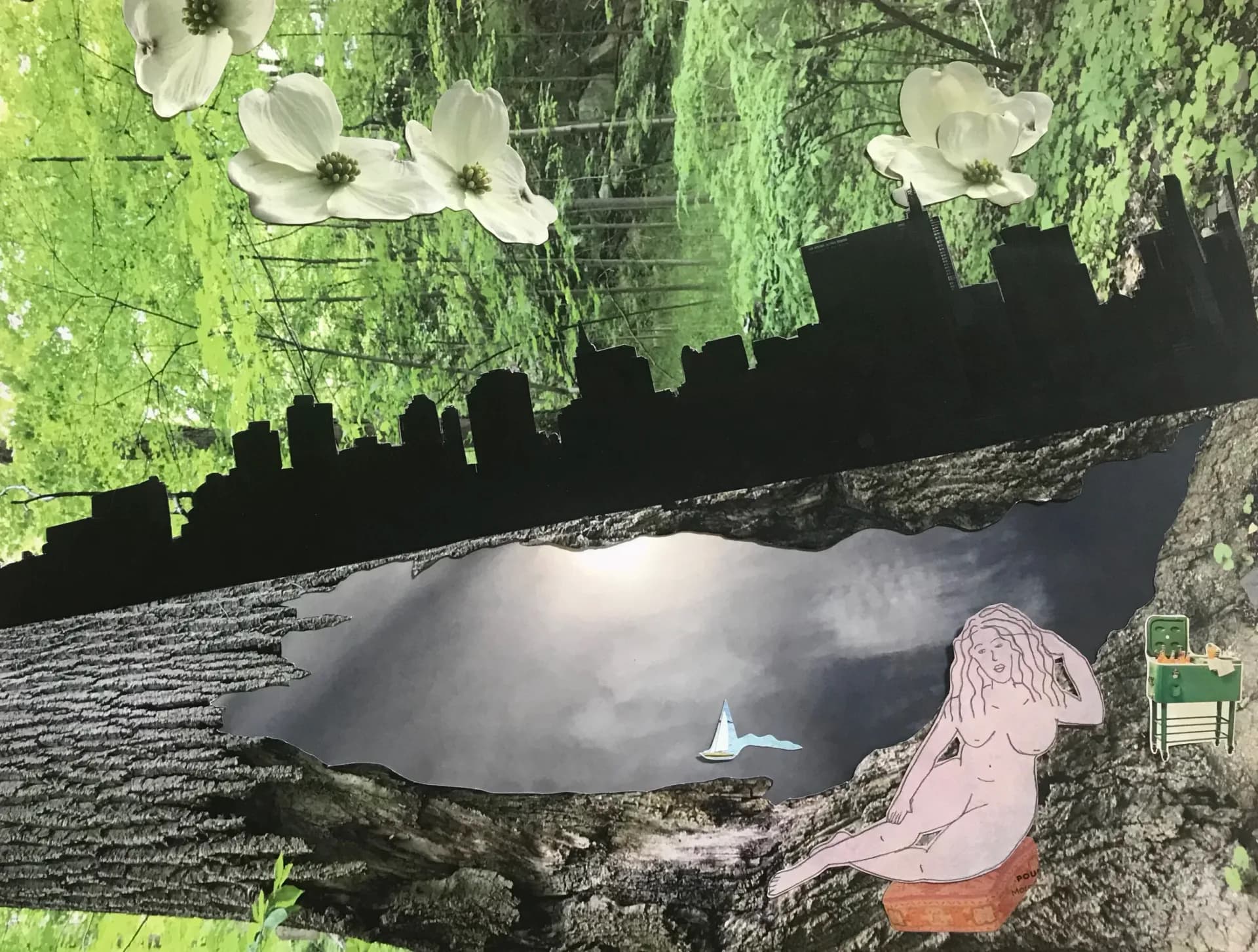 Mixed media collage with city skyline silhouette, dogwood flowers, nude figure, and forest imagery