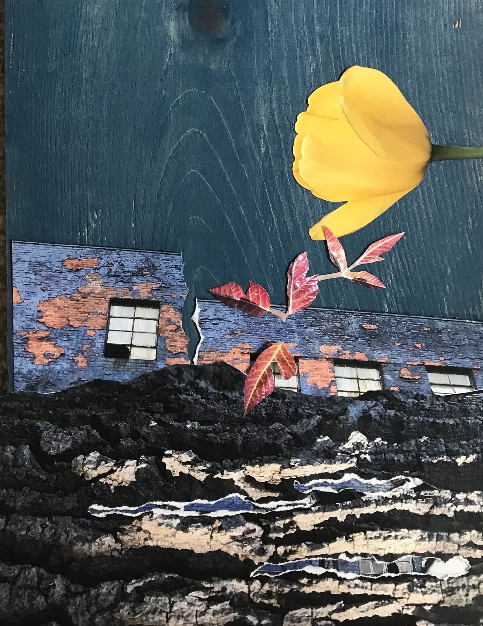 Large-format collage with birds, roses, tulips, text fragments, and female figure walking among white tulip field