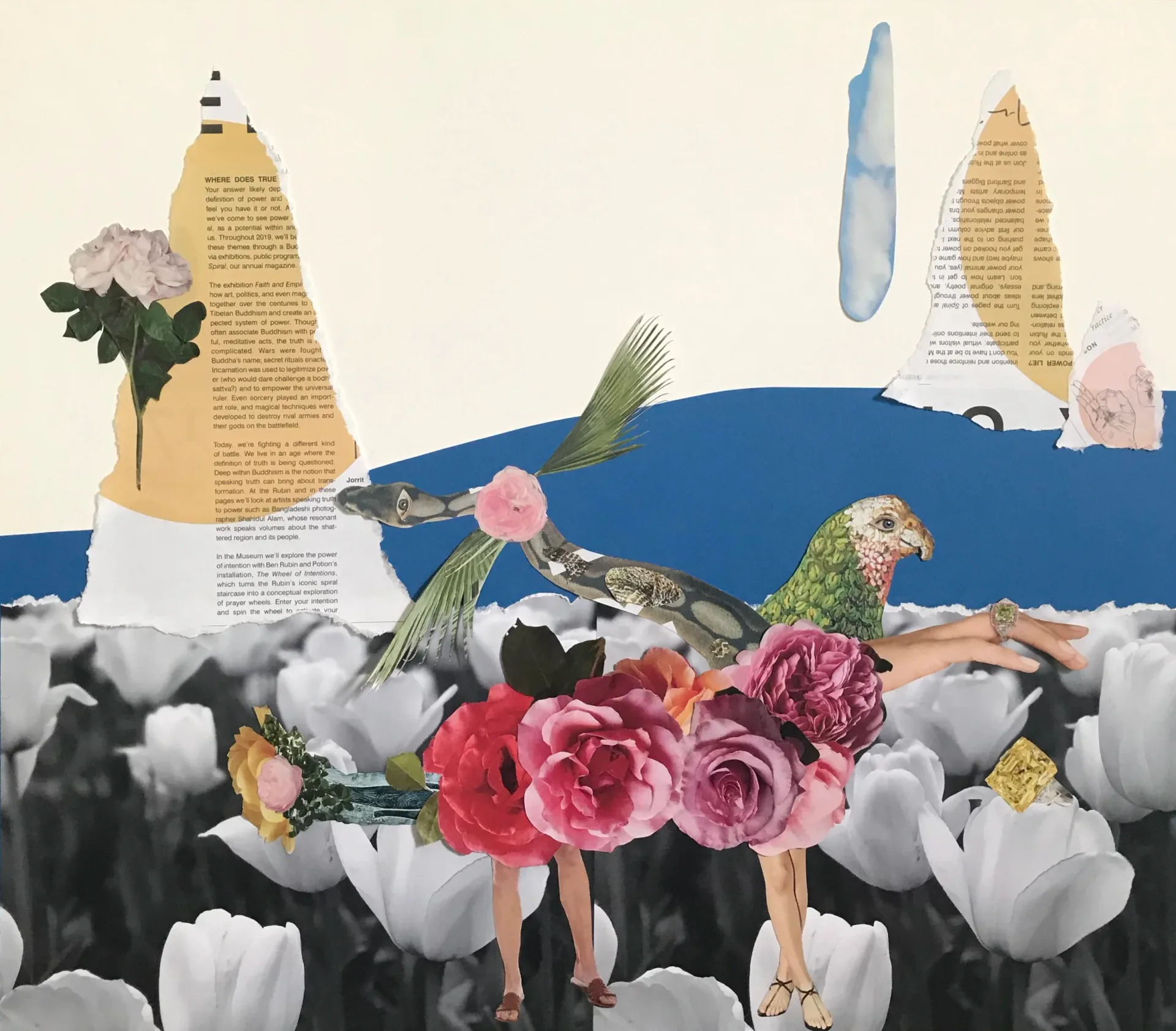 Figurative collage with woman holding food bowl, magnifying glass eye, flowers, dog, and urban imagery on grey background