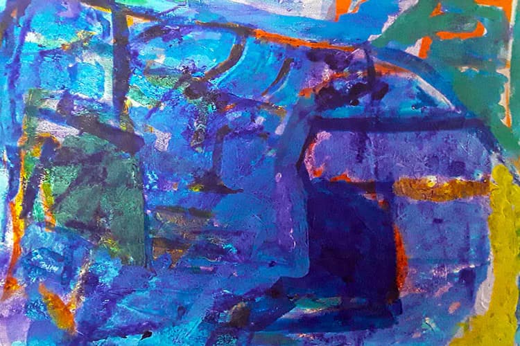 Abstract painting with vibrant blues, purples, oranges, and yellows featuring geometric shapes and overlapping forms by Eloy (Washington Chávez).