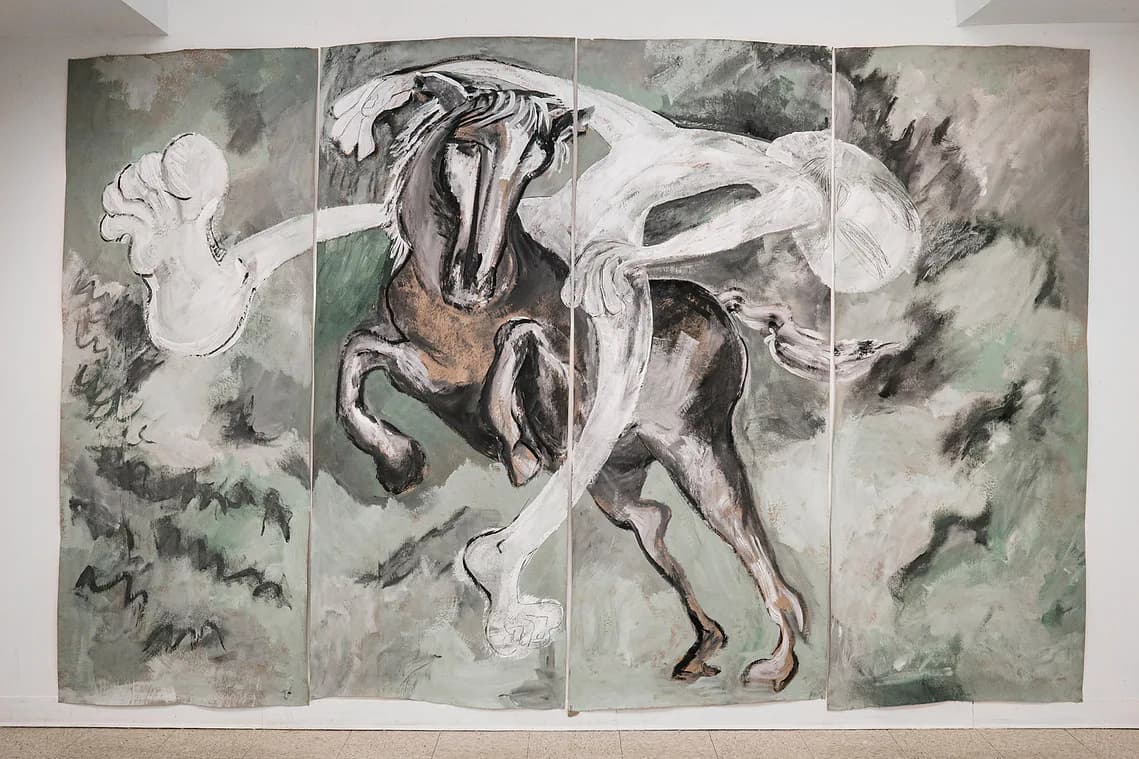 Large-scale four-panel painting of a rearing horse amid stormy green-grey atmosphere
