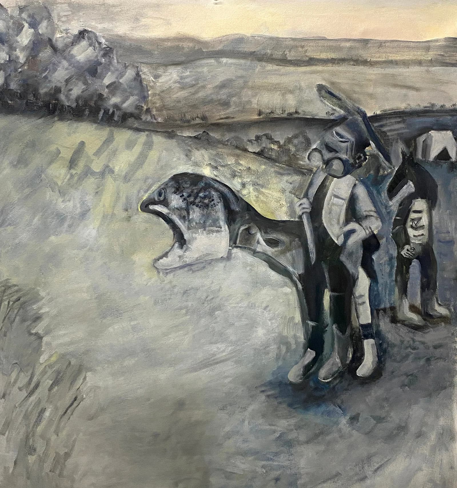 Painting of a landscape with a large fish emerging from the ground and armoured figures in a muted blue-grey palette