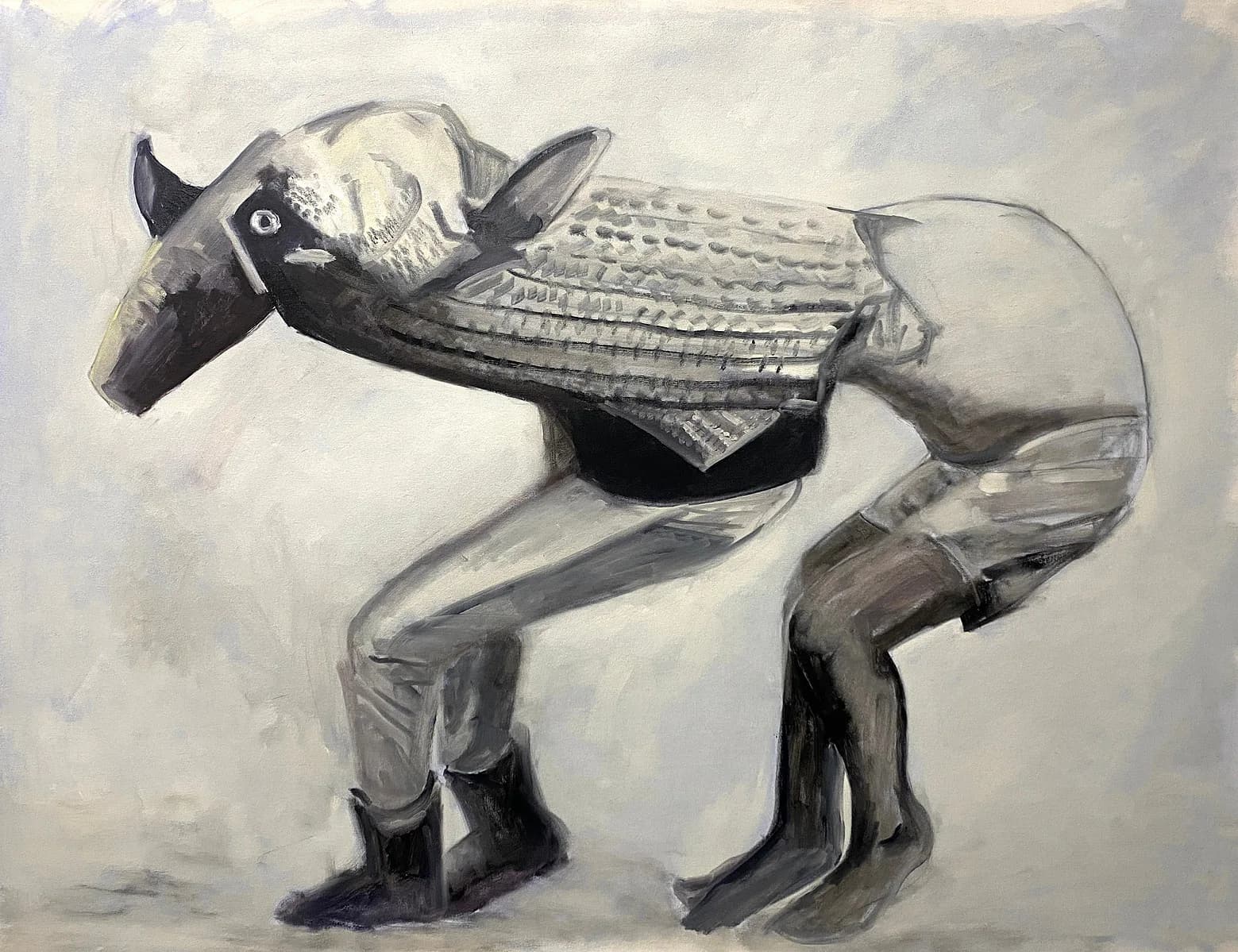 Painting of fish-headed humanoid figure in grey holding a dead fish, monochrome palette