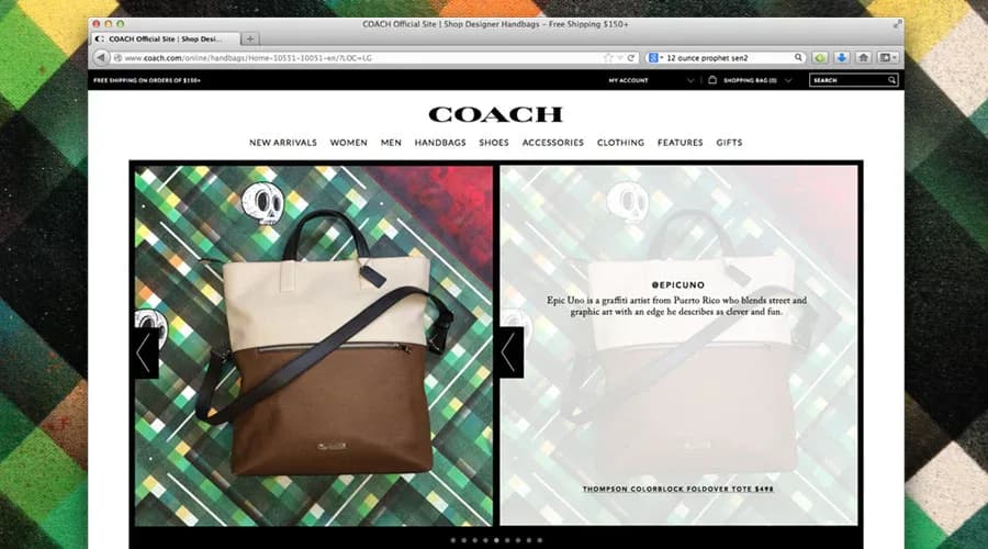 Screenshot of Coach brand website featuring brown leather product on diamond plaid patterned background with Epic Uno stickers.