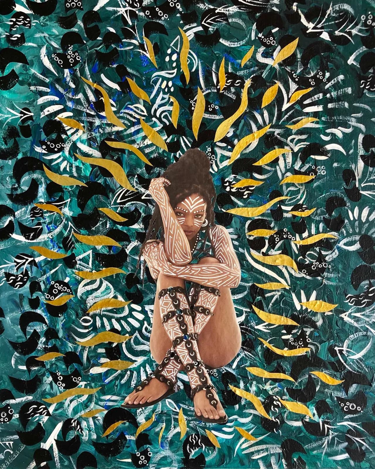 Mixed media painting of a woman with body art seated against a lush teal and gold botanical background